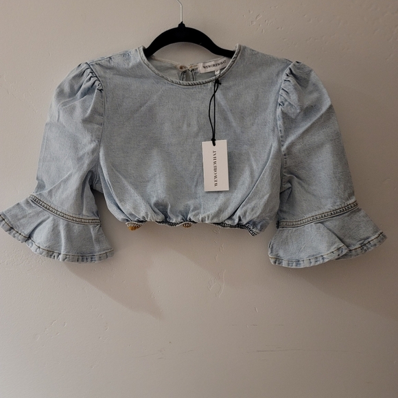 WeWoreWhat REVOLVE Cropped Denim Top, Indigo Comfort‎ Super Light Size XS - Picture 4 of 10